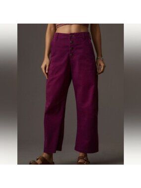 PILCRO ANTHROPOLOGIE button front barrel pants purple 28 cotton high rise